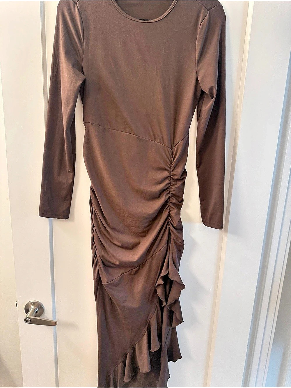 SHEIN Ruched long Sleeved Maxi Dress in Brown Size Large- high slit - petite